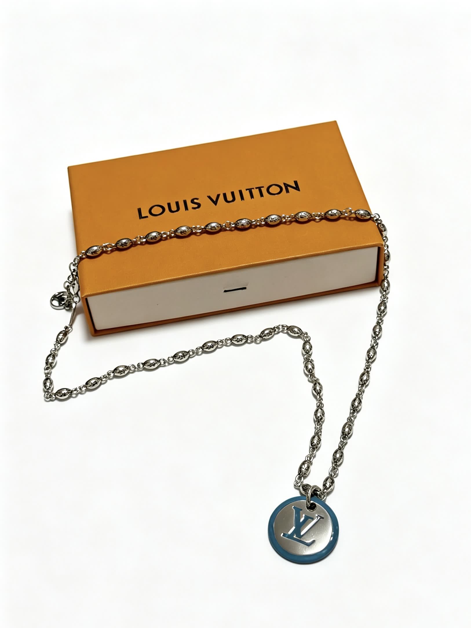 Louis Vuitton Silver and Blue Logo Pendant Necklace